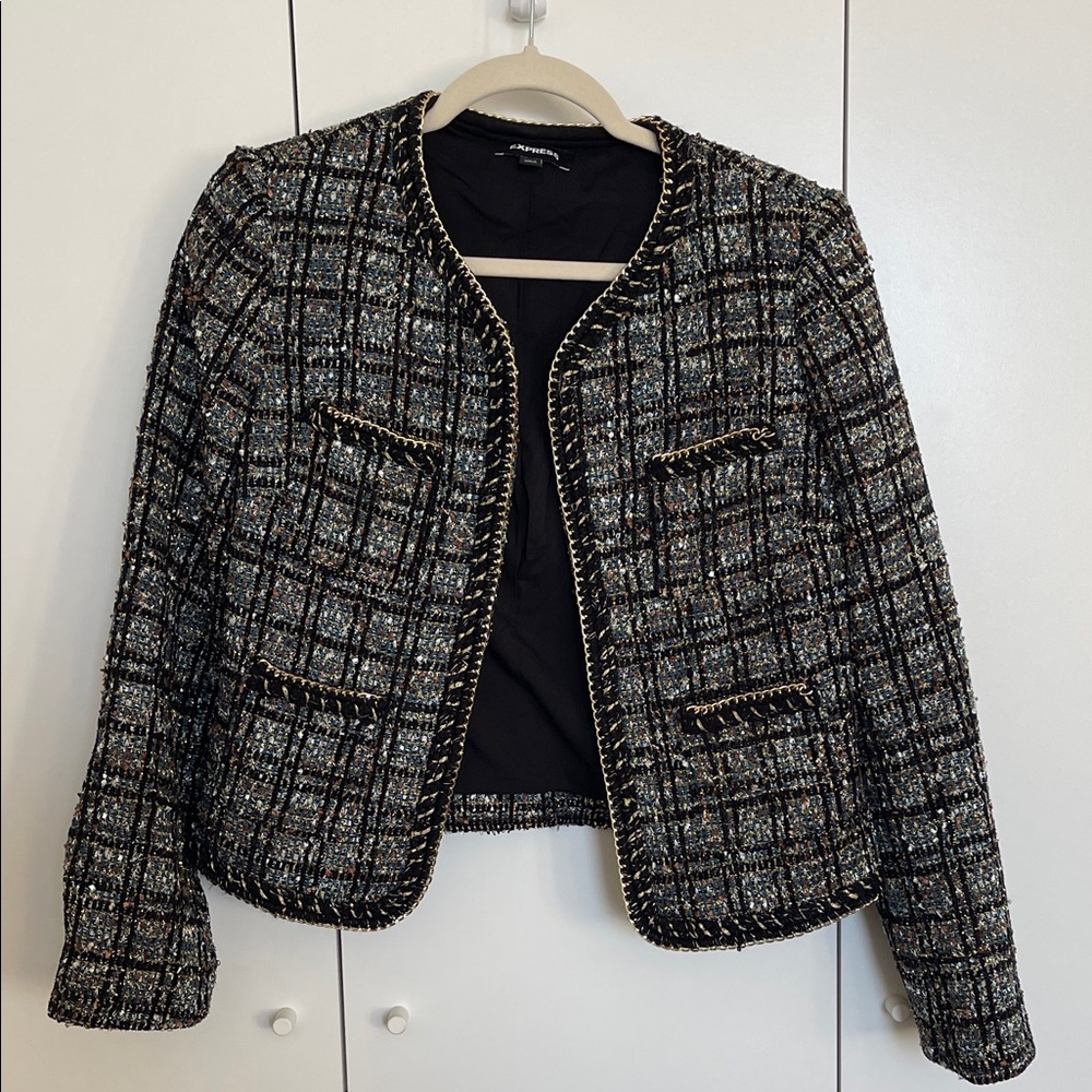 Express Black Gold White Sparkle Tweed Blazer